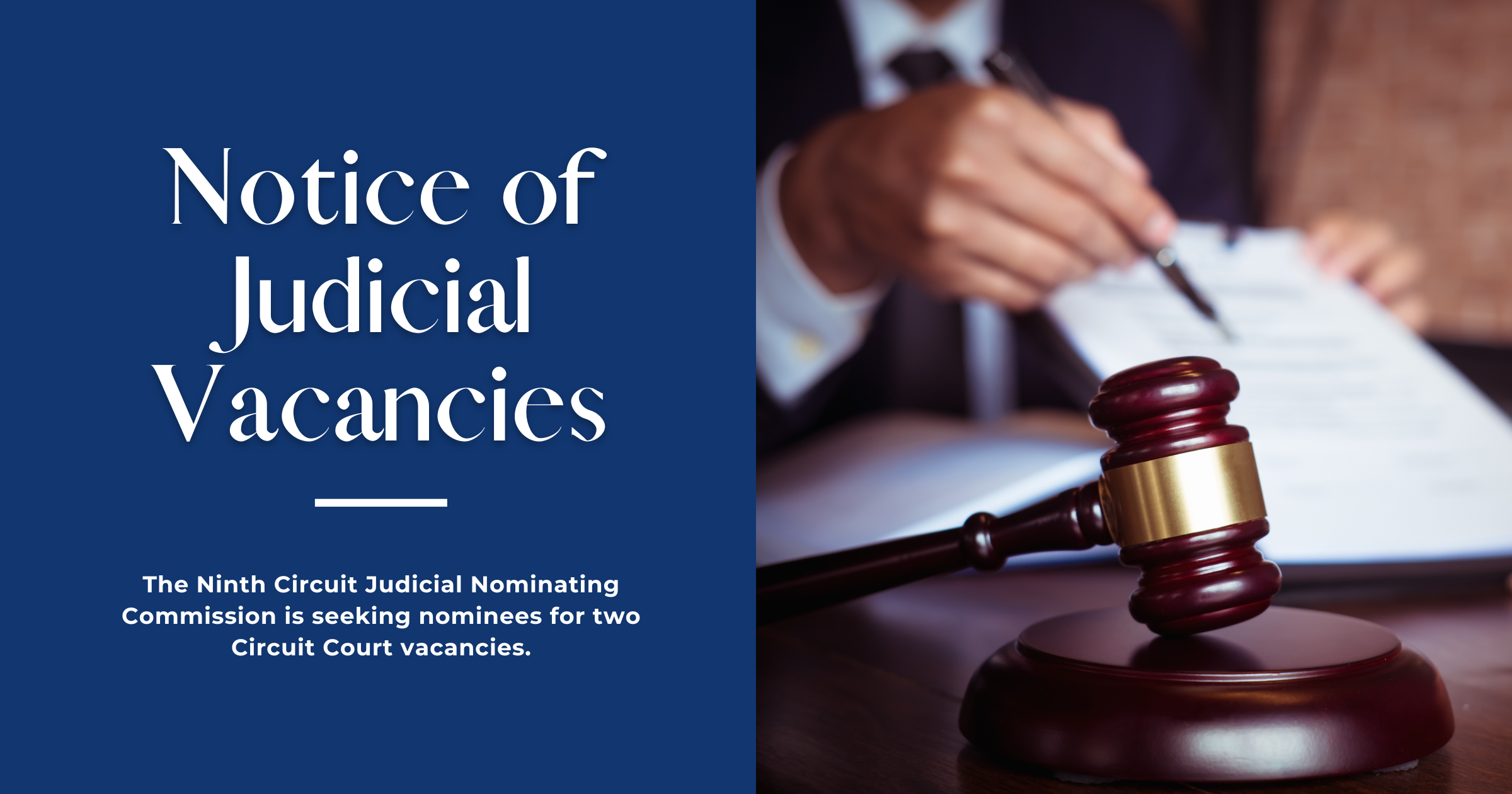 A picture of a gavel along with text that reads: Notice of judicial vacancies.