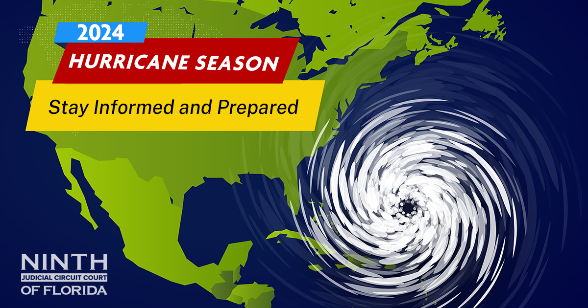 Graphic of North and Central America with a white hurricane swirl in the Atlantic Ocean and text that reads: 2024 hurricane season stay informed and prepared