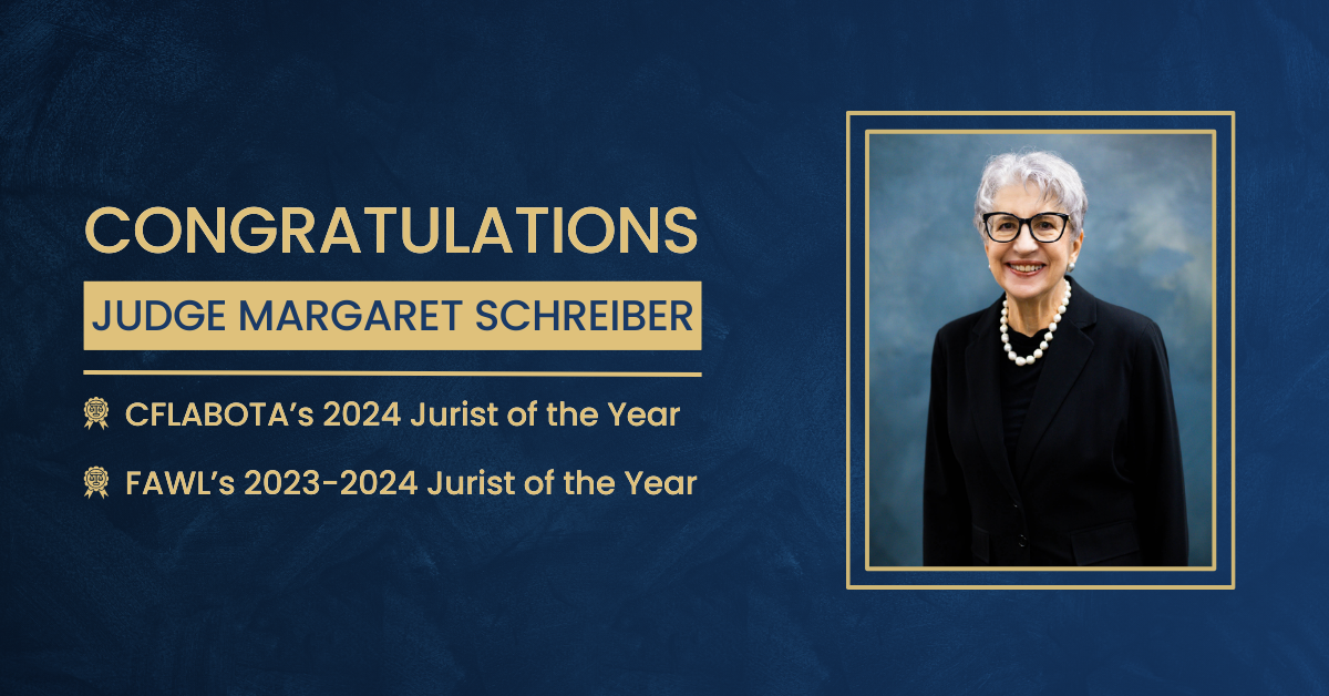 Photo of Judge Schreiber with the announcement that she has been named FAWL's and CFLABOTA's Jurist of the Year.
