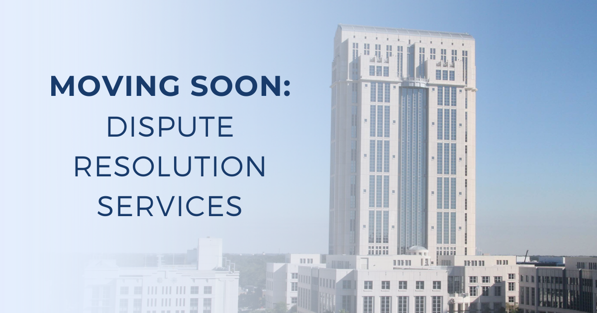 Image of the Orange County Courthouse with copy that reads - Dispute Resolutions Services Moving Soon