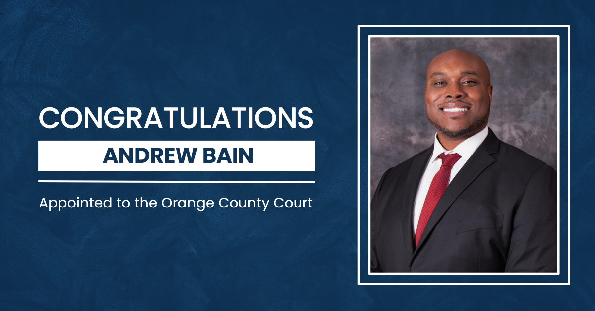 Image of Andrew Bain with the announcement that he has been appointed to the Orange County bench.